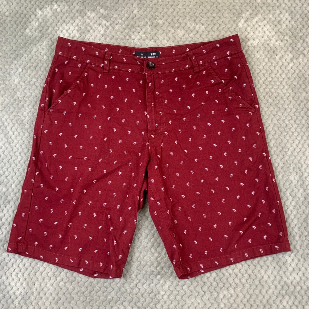 Public Record Mens 32 Burgundy Palm Tree Print Chino Shorts Regular Fit Summer